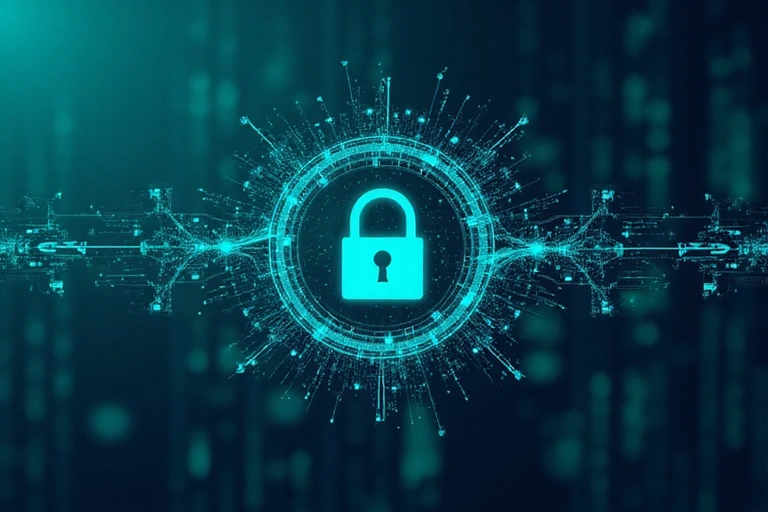 Abstract image representing data security and privacy, with intertwined lines and digital elements