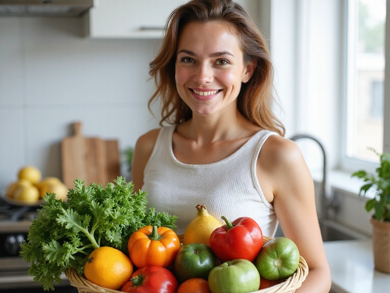 Nő mosolyogva, friss zöldségeket tartva súlycsökkentés után